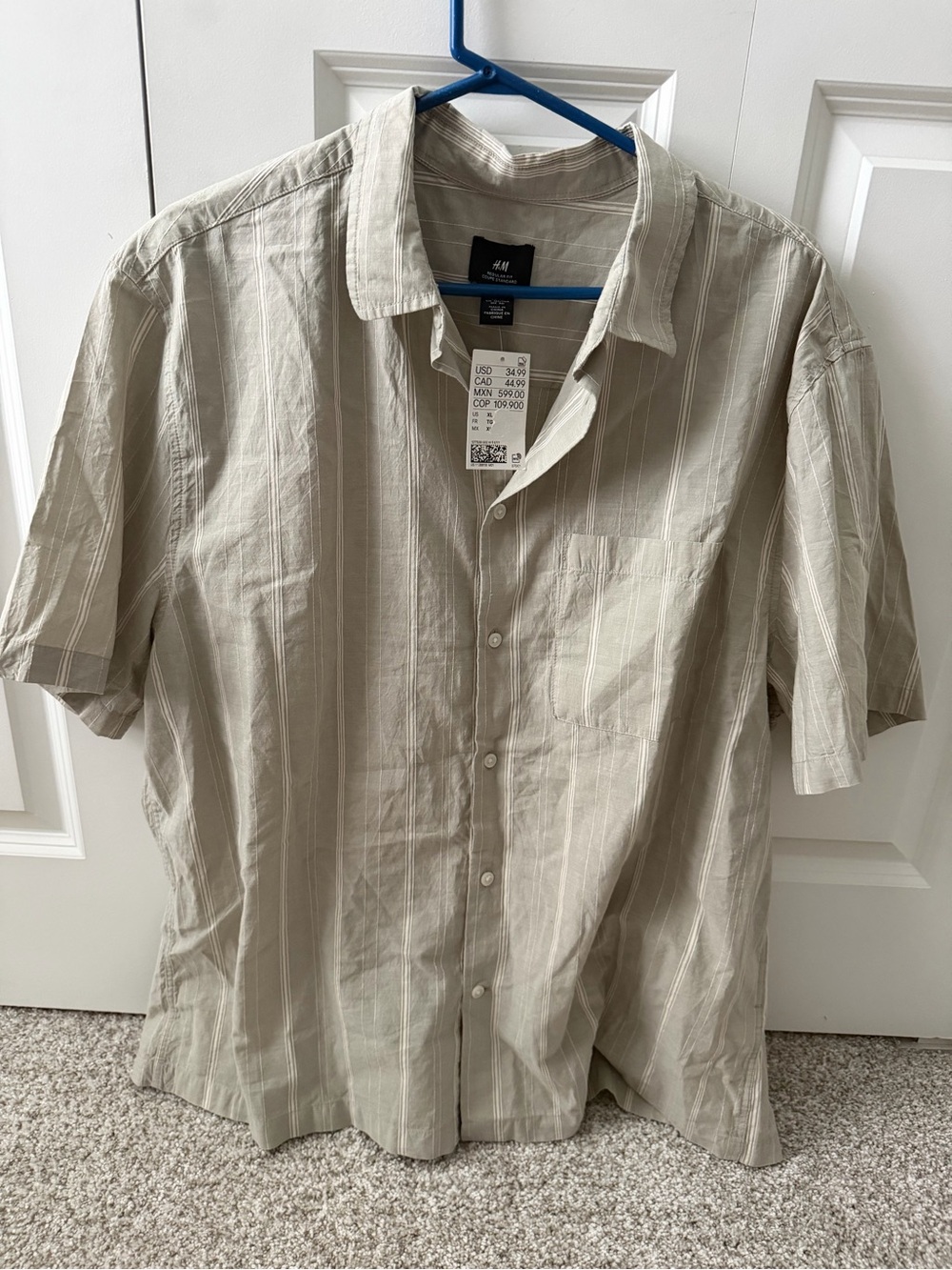 NWT H&M Men's Regular-Fit Short-Sleeved Button Down Striped Cotton Linen Casual